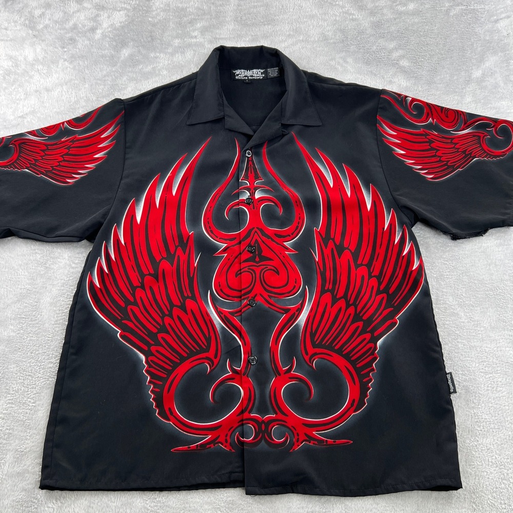 VTG AOP Dragonfly Tribal Wings Graphic Button Up L Black Y2K Streetwear Shirt